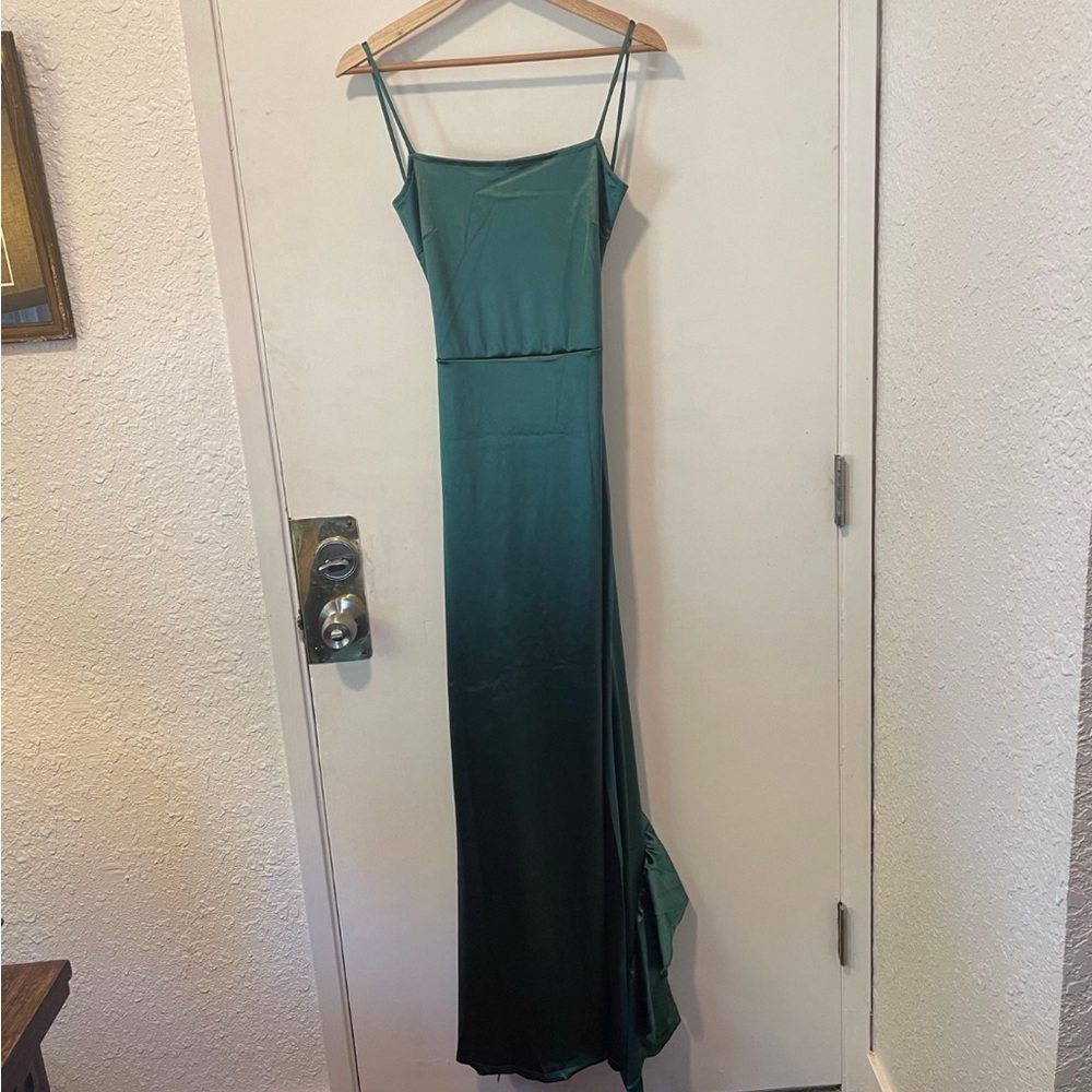 Emerald green satin prom dress